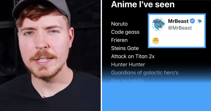 MrBeast Drops His Watched Anime List After Being Called 'Fake Anime Fan'