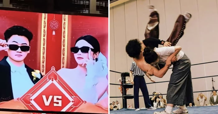 Chinese Couple Hosts Wrestling Match At Wedding, With Loser Facing Housework