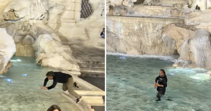 Tourist Fined & Banned From Site After Diving Headfirst Into Rome’s Iconic Trevi Fountain